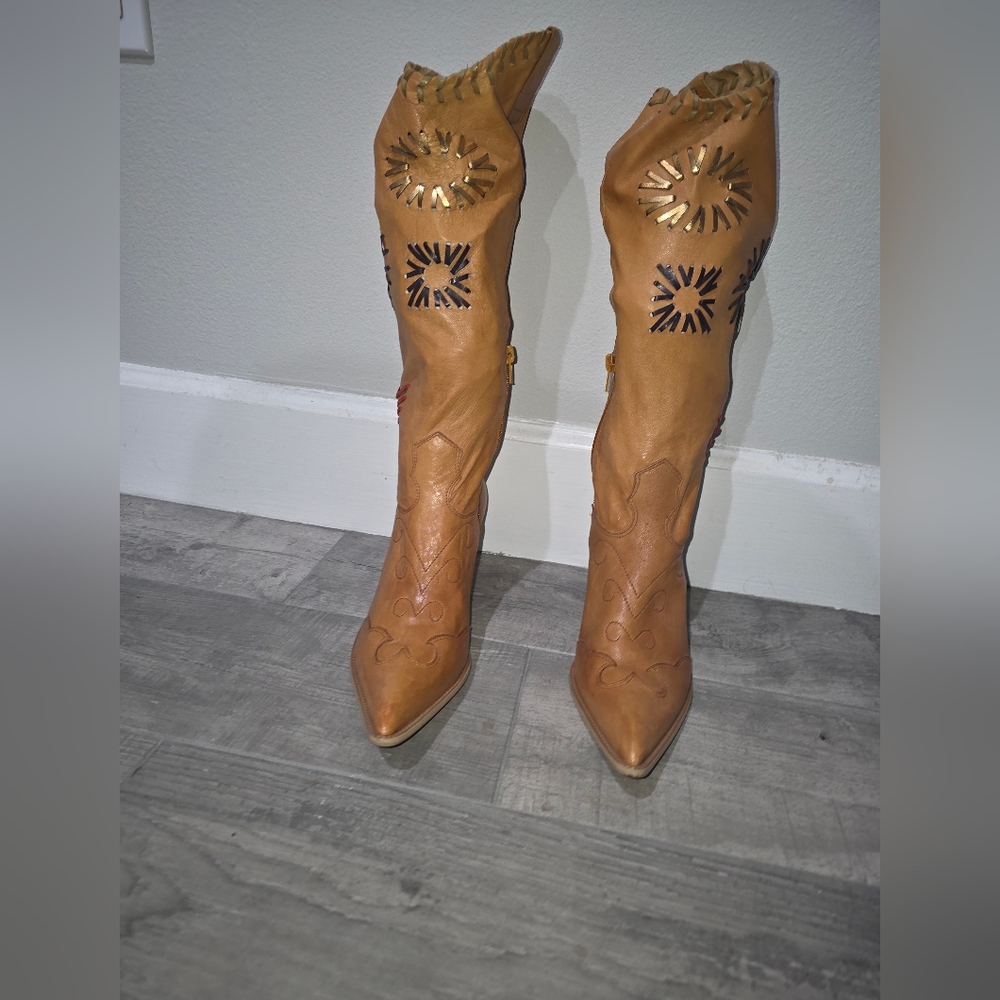 BCBGirls Brown Heeled Boots with Gold and Black Details